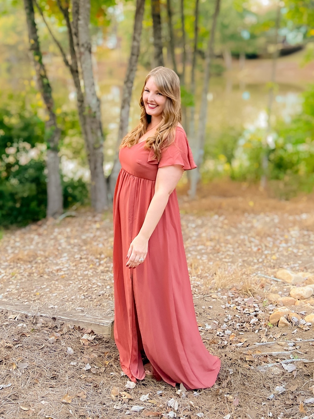 Women's Rust Maxi Dress with Flutter Sleeves